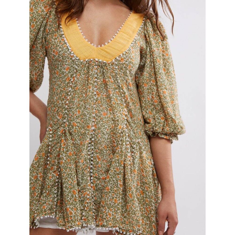 Free People Floral Mini Dress in Olive Green and Mustard - Picture 4 of 10